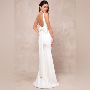 NWT Lulus White Bow Back Square Neck Backless Wedding Formal Dress Small